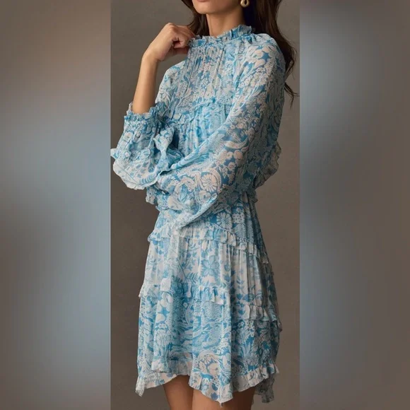 Anthropologie Blue and White Floral Mini Dress - Picture 8 of 16